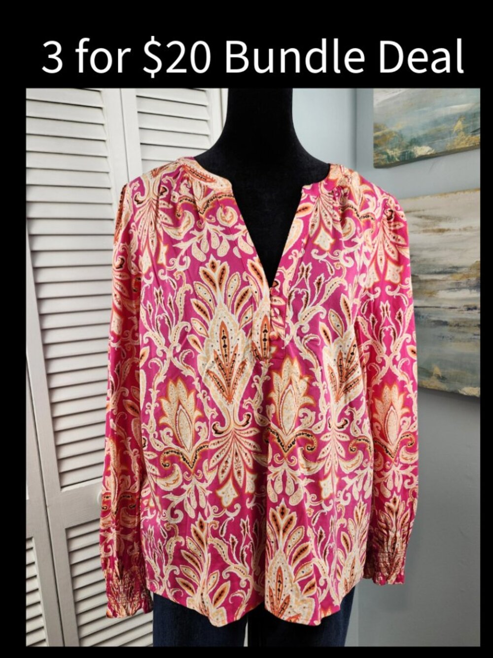 LOFT Pink Floral Top Small V-Neck Long Sleeve Tunic Split Neck Boho